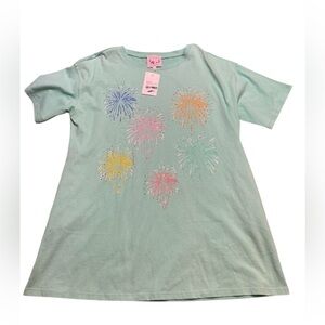 🎆Fantastic Fawn‎ Fireworks Graphic Dress Aqua Blue Rhinestone NWT Small🎆